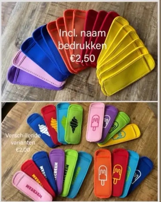 Vrolijke neopreen waterijsjeshouders met naam